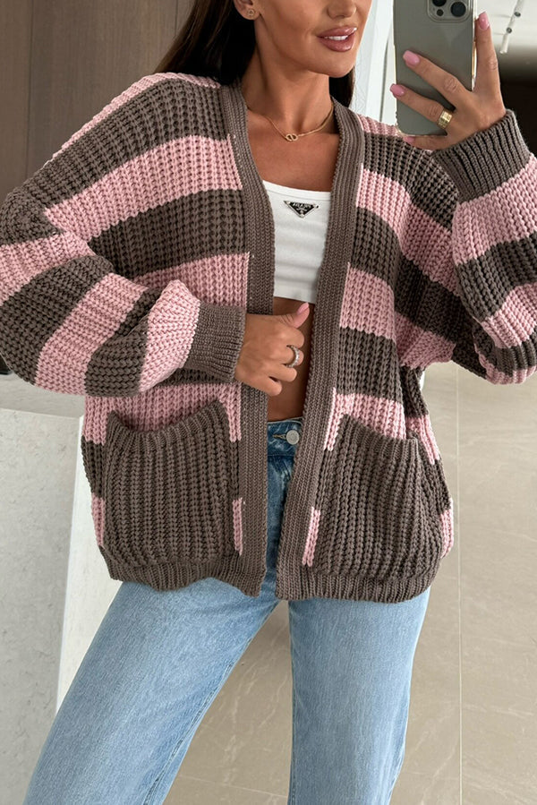 Dames Gestreept Gebreide Cardigan Met Zakken En Losse Pasvorm
