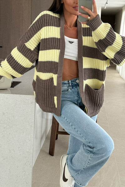 Dames Gestreept Gebreide Cardigan Met Zakken En Losse Pasvorm