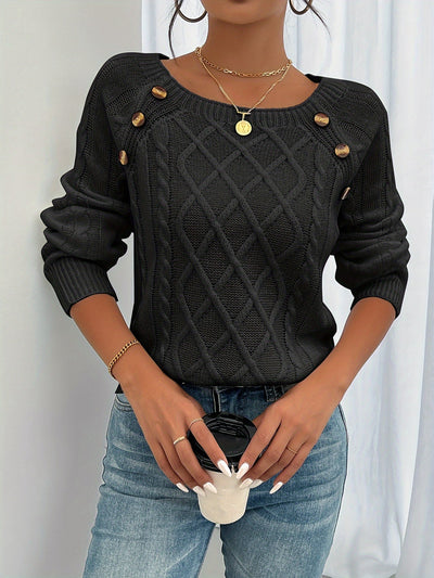 Dames Gebreide Sweater Met Ronde Hals En Knoopdetails