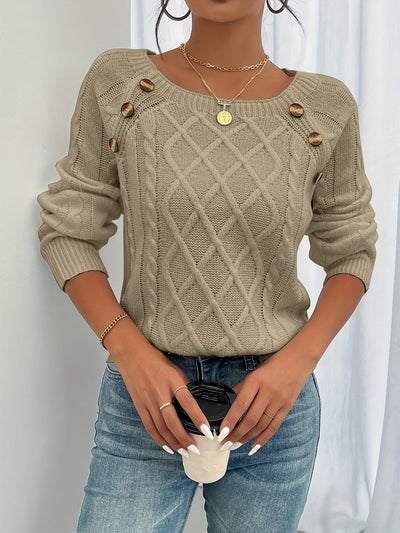 Dames Gebreide Sweater Met Ronde Hals En Knoopdetails