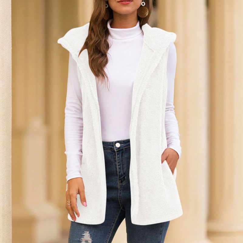 Dames Mouwloze Fleece Vest Met Capuchon En Zakken