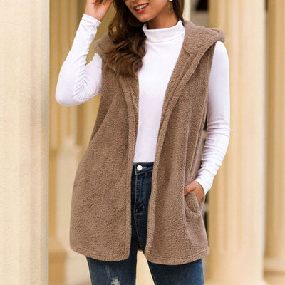 Dames Mouwloze Fleece Vest Met Capuchon En Zakken