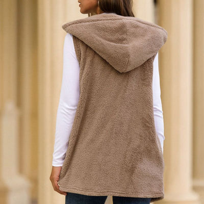 Dames Mouwloze Fleece Vest Met Capuchon En Zakken