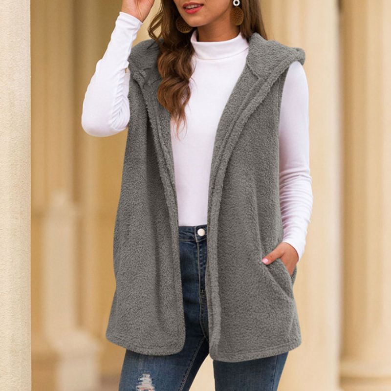 Dames Mouwloze Fleece Vest Met Capuchon En Zakken