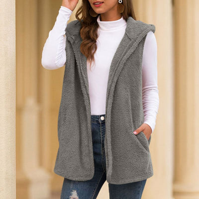 Dames Mouwloze Fleece Vest Met Capuchon En Zakken