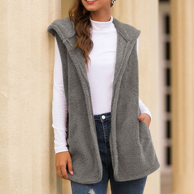 Dames Mouwloze Fleece Vest Met Capuchon En Zakken