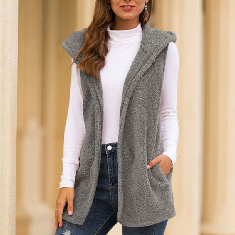 Dames Mouwloze Fleece Vest Met Capuchon En Zakken