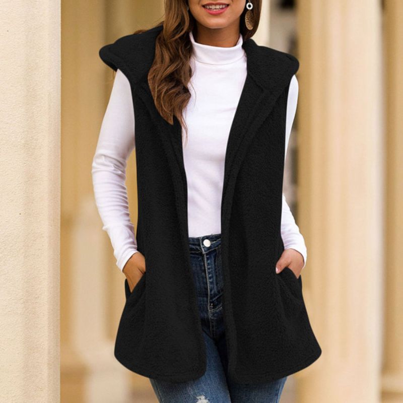 Dames Mouwloze Fleece Vest Met Capuchon En Zakken