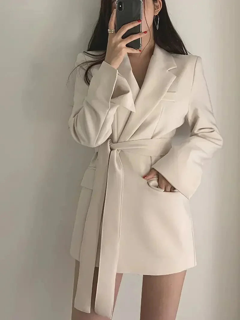 Dames Lange Blazer Met Ceintuur En Lange Mouwen