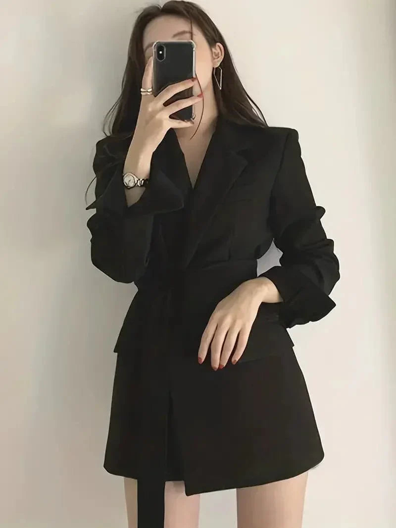 Dames Lange Blazer Met Ceintuur En Lange Mouwen