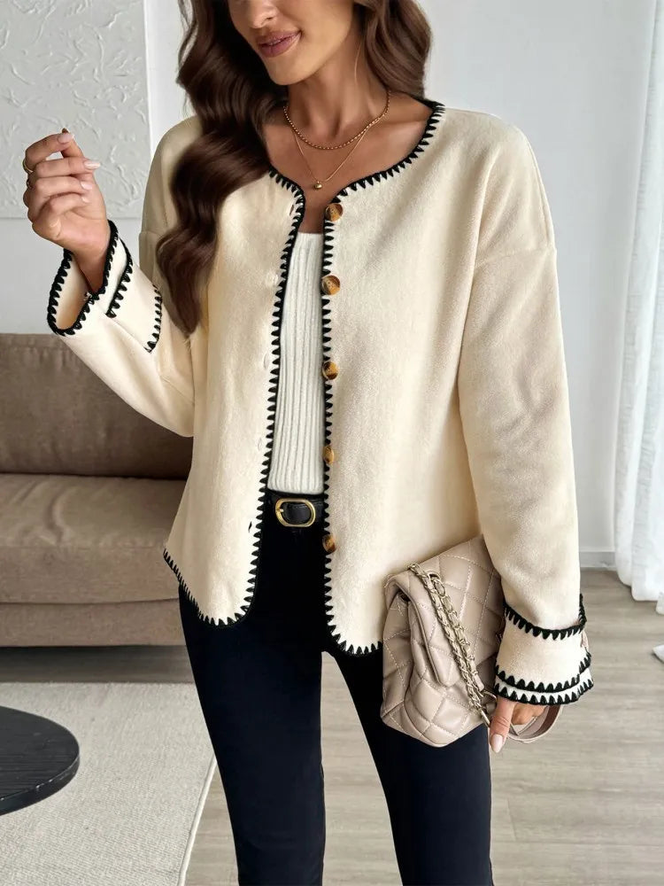Dames Casual Losse Cardigan Met Lange Mouwen En Contraststiksel