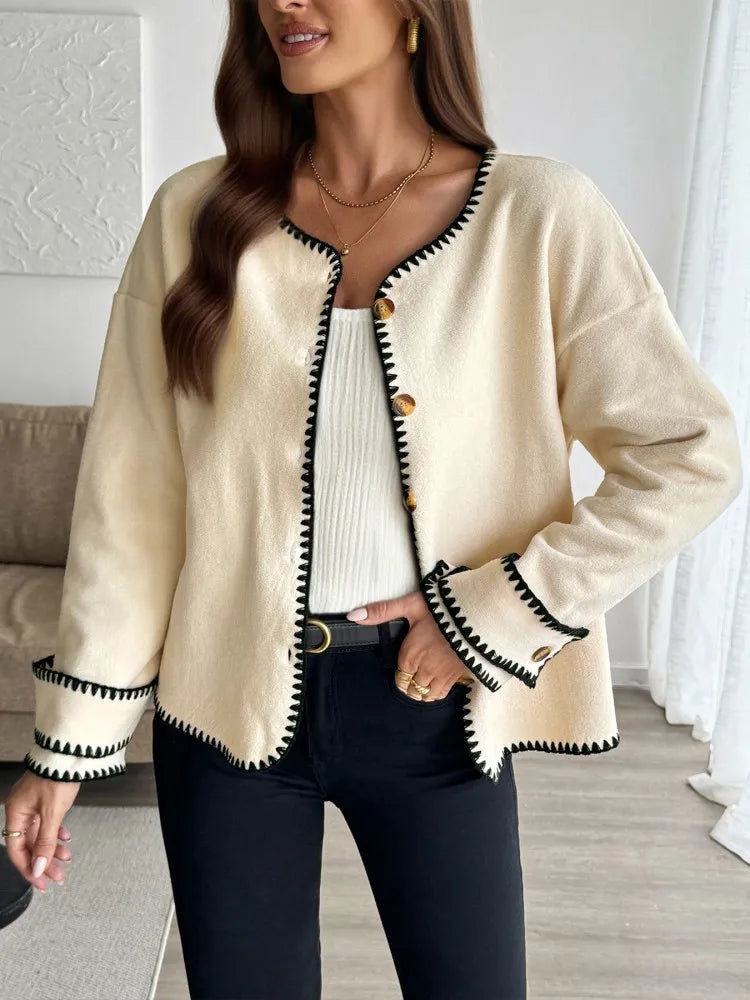 Dames Casual Losse Cardigan Met Lange Mouwen En Contraststiksel