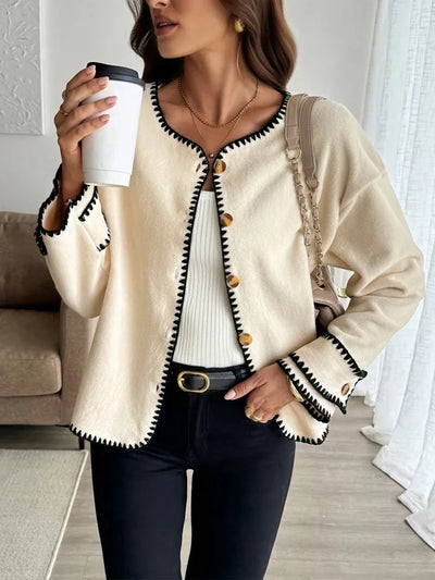 Dames Casual Losse Cardigan Met Lange Mouwen En Contraststiksel