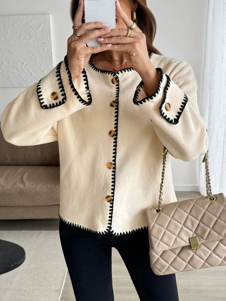 Dames Casual Losse Cardigan Met Lange Mouwen En Contraststiksel