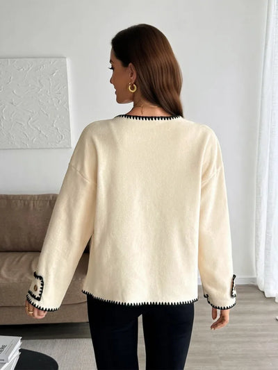 Dames Casual Losse Cardigan Met Lange Mouwen En Contraststiksel