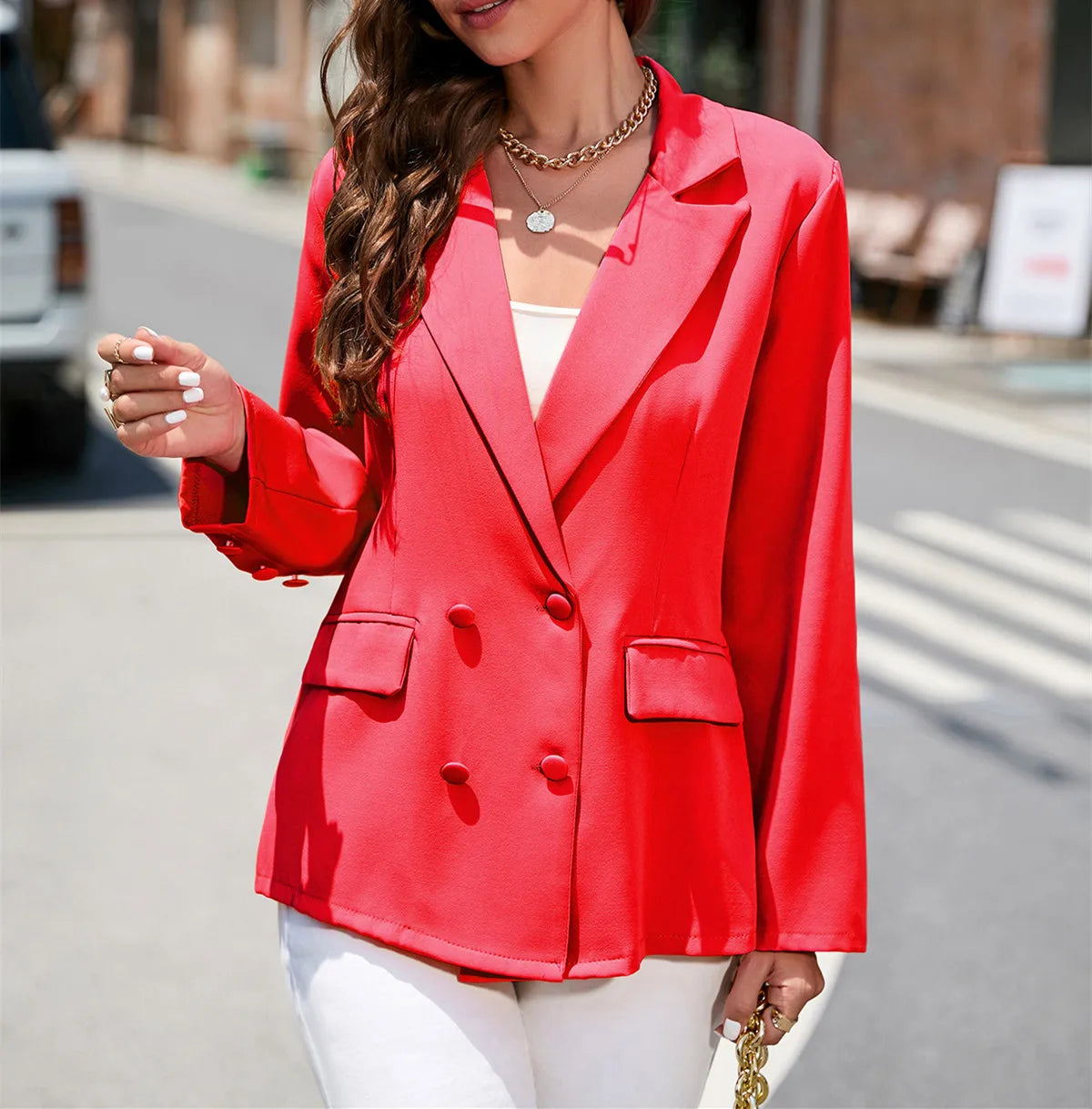 Dames Dubbelrijige Blazer Met Reverskraag En Lange Mouwen
