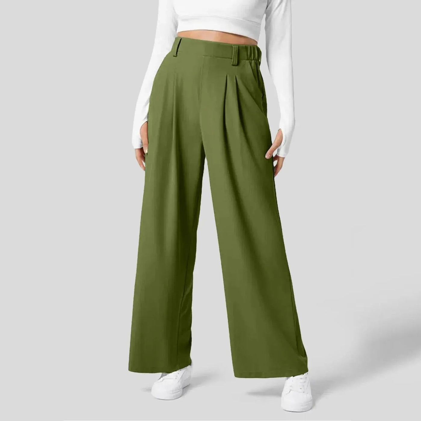 Dames Hoge Taille Wijde Plooi Broek Met Elastische Band