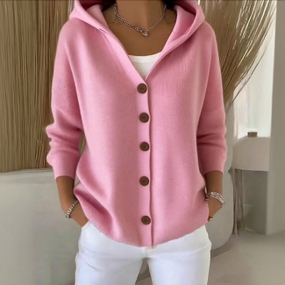 Dames Gebreide Cardigan Met Capuchon En Knopen