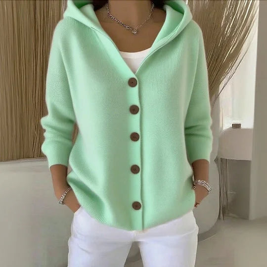 Dames Gebreide Cardigan Met Capuchon En Knopen