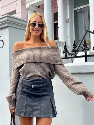 Dames Off Shoulder Gebreide Trui Met Lange Mouwen