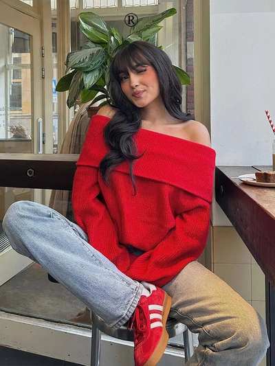 Dames Off Shoulder Gebreide Trui Met Lange Mouwen