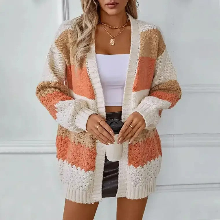 Dames Gebreide Cardigan Met Kleurblokken En Open Voorkant