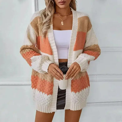 Dames Gebreide Cardigan Met Kleurblokken En Open Voorkant