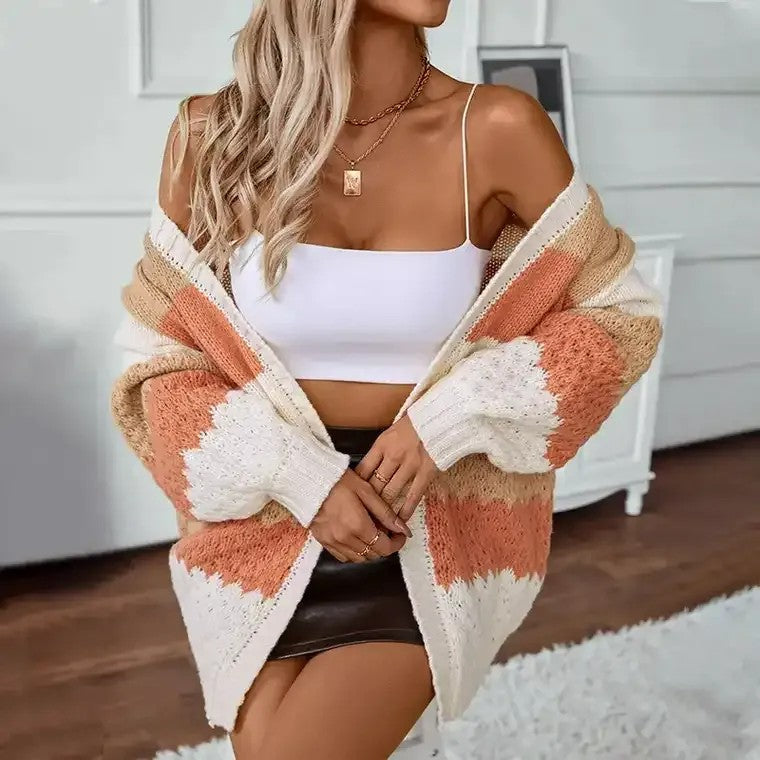 Dames Gebreide Cardigan Met Kleurblokken En Open Voorkant