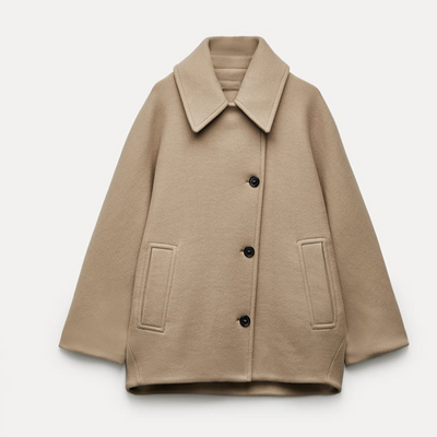 Dames Oversized Beige Wollen Jas Met Knopen En Lange Mouwen