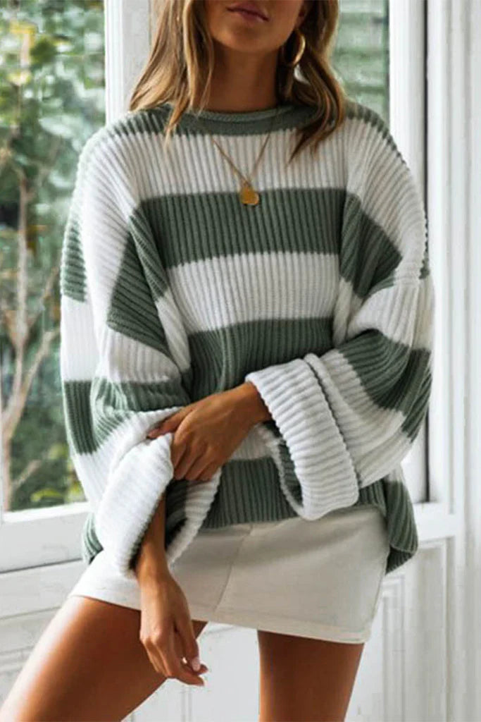 Dames Oversized Gebreide Trui Met Strepen En Lange Mouwen