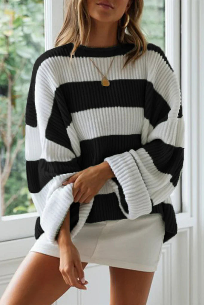 Dames Oversized Gebreide Trui Met Strepen En Lange Mouwen