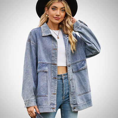 Dames Oversized Denim Jasje Met Knoopsluiting En Opgestikte Zakken