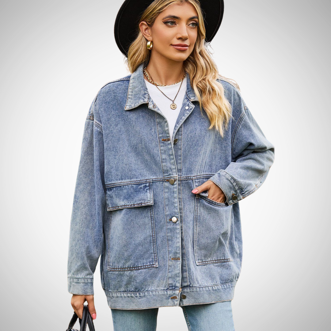 Dames Oversized Denim Jasje Met Knoopsluiting En Opgestikte Zakken