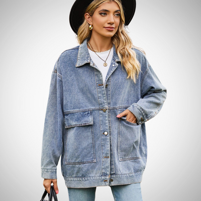 Dames Oversized Denim Jasje Met Knoopsluiting En Opgestikte Zakken