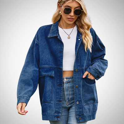 Dames Oversized Denim Jasje Met Knoopsluiting En Opgestikte Zakken