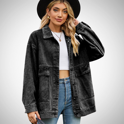Dames Oversized Denim Jasje Met Knoopsluiting En Opgestikte Zakken