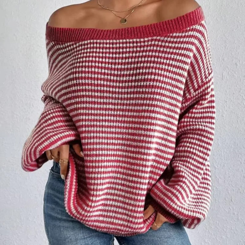Dames Oversized Gebreide Trui Met Strepen En Off Shoulder Halslijn