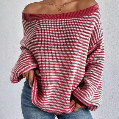 Dames Oversized Gebreide Trui Met Strepen En Off Shoulder Halslijn