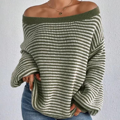 Dames Oversized Gebreide Trui Met Strepen En Off Shoulder Halslijn