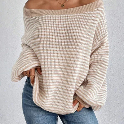 Dames Oversized Gebreide Trui Met Strepen En Off Shoulder Halslijn
