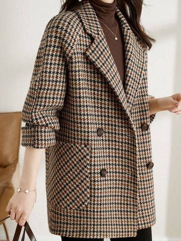 Dames Vintage Trenchcoat Met Ruitpatroon En Dubbele Knopen