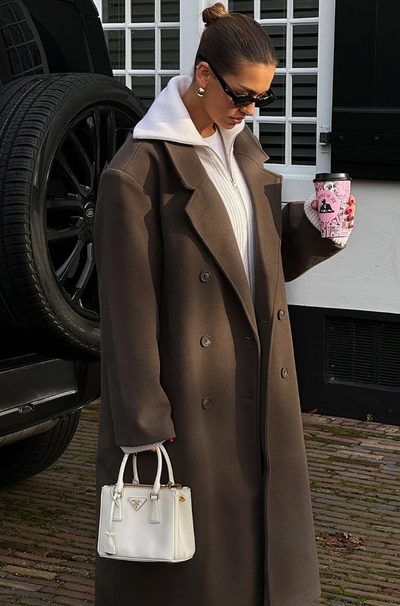 Dames Lange Oversized Wollen Winterjas Met Dubbele Knopenrij
