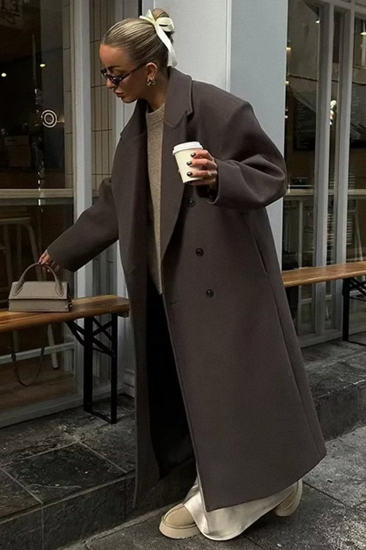 Dames Lange Oversized Wollen Winterjas Met Dubbele Knopenrij
