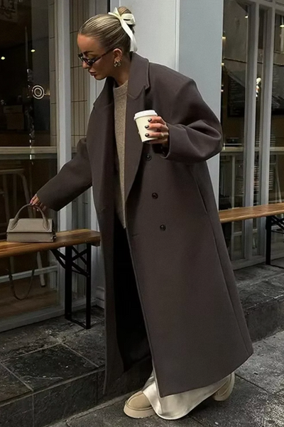 Dames Lange Oversized Wollen Winterjas Met Dubbele Knopenrij