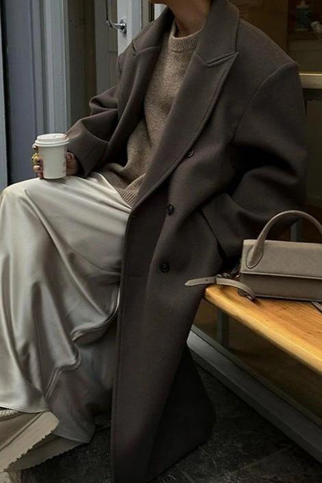 Dames Lange Oversized Wollen Winterjas Met Dubbele Knopenrij