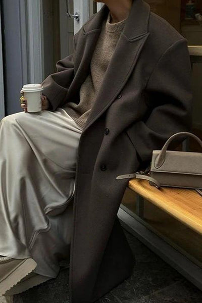 Dames Lange Oversized Wollen Winterjas Met Dubbele Knopenrij