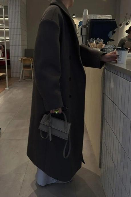 Dames Lange Oversized Wollen Winterjas Met Dubbele Knopenrij