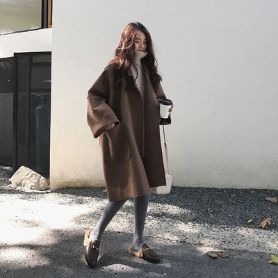 Dames Oversized Wollen Trenchcoat Met Zakken En Halve Mouwen