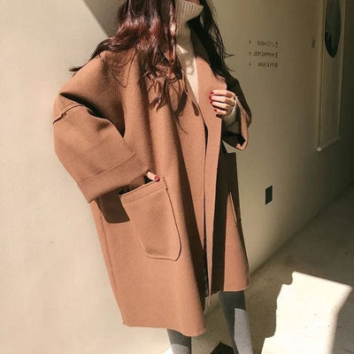 Dames Oversized Wollen Trenchcoat Met Zakken En Halve Mouwen