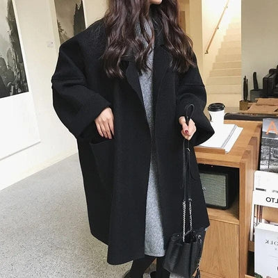 Dames Oversized Wollen Trenchcoat Met Zakken En Halve Mouwen